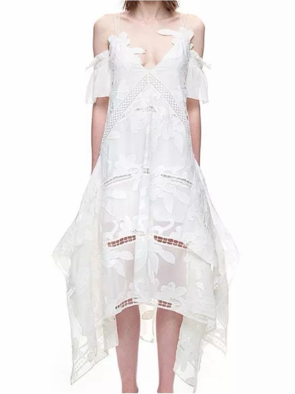 Self Portrait Embroidered Side Slit Off Shoulder White Midi Dress - 6